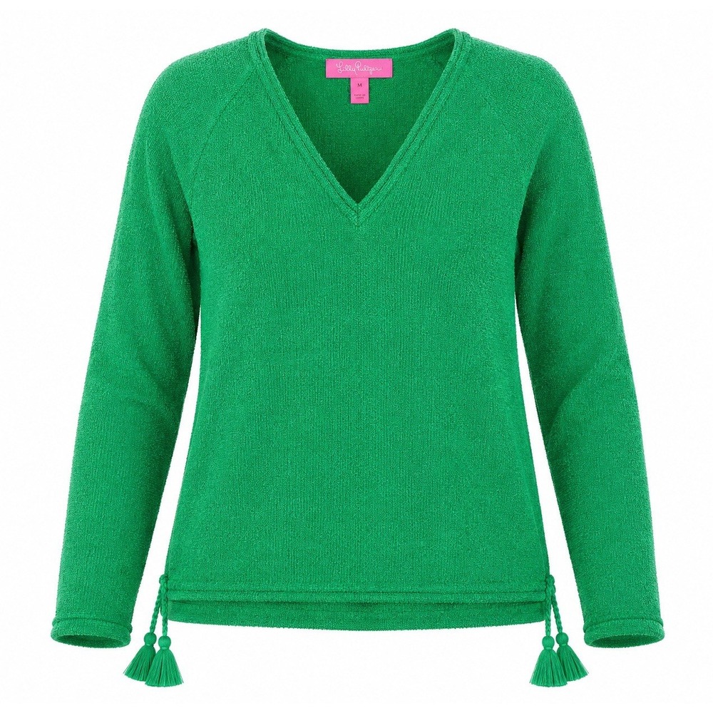 Lilly Pulitzer Jody Sweater Women's M Myrtle Green V-Neck Tassel Cotton Knit